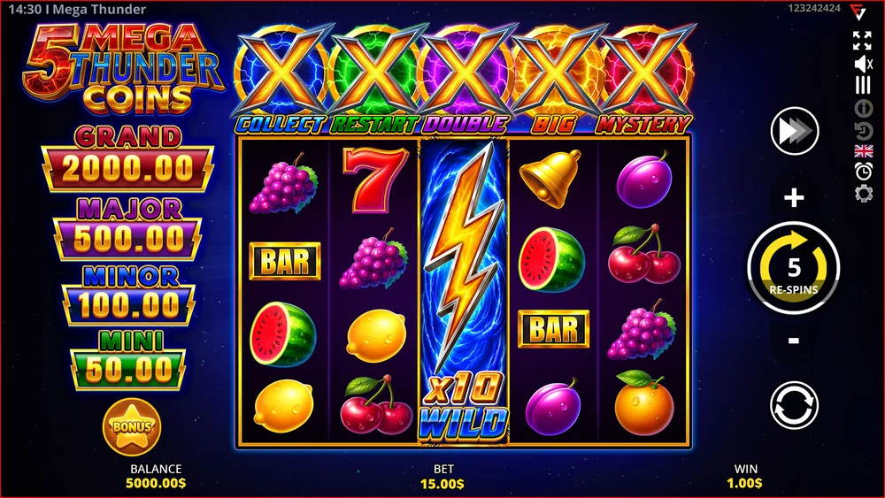 Step 4: Spinning & Reading Wins — 5 Mega Thunder Coins gameplay screenshot